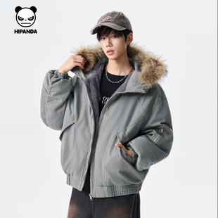 Hipanda你好熊猫美式毛领设计感连帽羽绒服男女保暖2025冬季新款