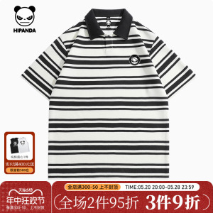 Hipanda你好熊猫条纹设计潮牌polo衫短袖2024夏季新款男生复古短t
