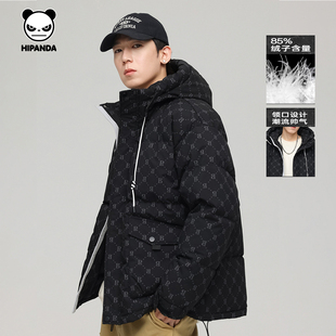 Hipanda你好熊猫潮牌满印羽绒服加厚鸭绒连帽面包服2025冬季新款