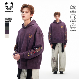 Hipanda你好熊猫做旧复古蜡染潮牌连帽情侣卫衣2026春季新款帽衫