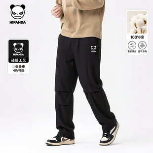 Hipanda你好熊猫纯棉重磅水洗棉休闲裤无性别2026春季新款工装裤