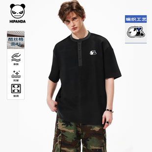 休闲T恤C 体恤2025夏新款 Hipanda你好熊猫亨利领时尚 简约透气短袖