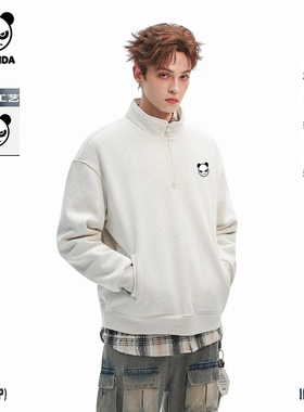 Hipanda你好熊猫半拉链加绒保暖防风卫衣情侣2025秋冬新款套头衫