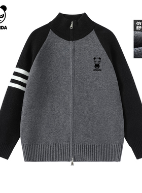 Hipanda你好熊猫潮牌撞色设计感针织开衫美式毛衣2025秋外套男