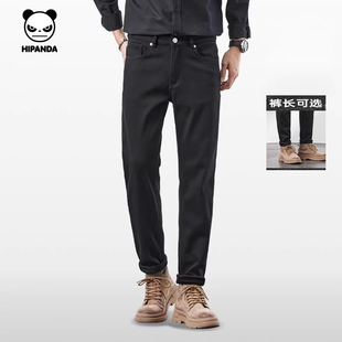 Hipanda你好熊猫修身美式加绒黑色牛仔裤男合身直筒小脚裤2025冬
