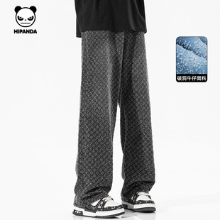 Hipanda你好熊猫潮牌满印宽松直筒牛仔裤男满印2026年春季新款
