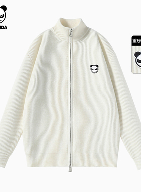 Hipanda你好熊猫加厚粗针立领毛衣男开衫针织衫拉链2025冬季新款