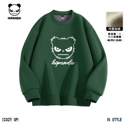 Hipanda你好熊猫经典时尚潮牌加绒圆领卫衣男女同款2025冬季新款