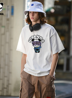 hipanda你好熊猫潮牌设计师款白色短袖T恤男2025夏季新款宽松体恤