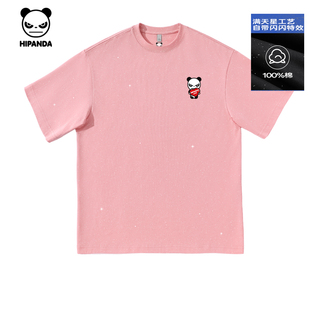 Hipanda你好熊猫闪钻设计感潮牌情侣短袖 纯棉体恤C T恤2025夏新款