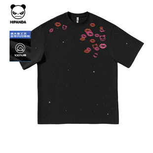 新款 Hipanda你好熊猫潮牌满天星闪钻高级纯棉短袖 T恤男2025夏季