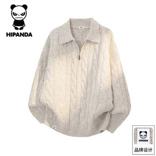 HiPanda你好熊猫秋冬季休闲毛衣男士新款宽松翻领上衣针织衫男GH