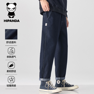 Hipanda你好熊猫秋冬季原色牛仔裤男士美式潮牌宽松直筒男裤子GH