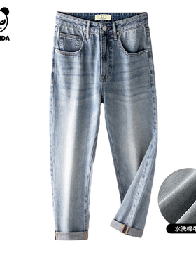 Hipanda你好熊猫个性潮牌蓝色牛仔裤2025夏季新款男生高级感长裤