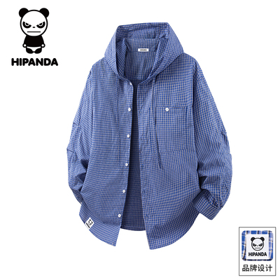 HiPanda春秋格子长袖连帽衬衫男