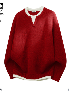 Hipanda你好熊猫红色假两件针织衫男圆领重磅毛衣套头上衣高级感C