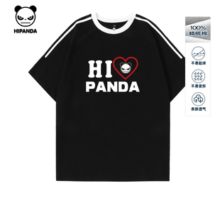 宽松情侣衫 t恤2025夏新款 复古拼接插肩短袖 Hipanda你好熊猫美式
