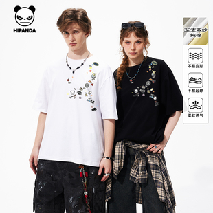 新款 Hipanda你好熊猫个性 情侣T恤2025夏季 嘻哈纯棉短袖 体恤C 美式