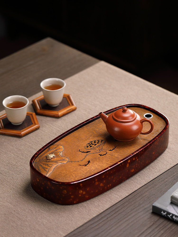 浩明田手工覆古铜壶,干浸表,贮水茶盘,漆碟,功夫茶具配件