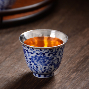 手工高档银内胆茶杯主人杯品茗杯单杯 青花瓷包银杯999足银中式