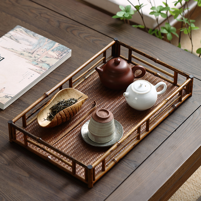 梅鹿竹干泡茶台竹编收纳盘 茶道茶具端茶盘茶棚茶杯架茶托盘配件