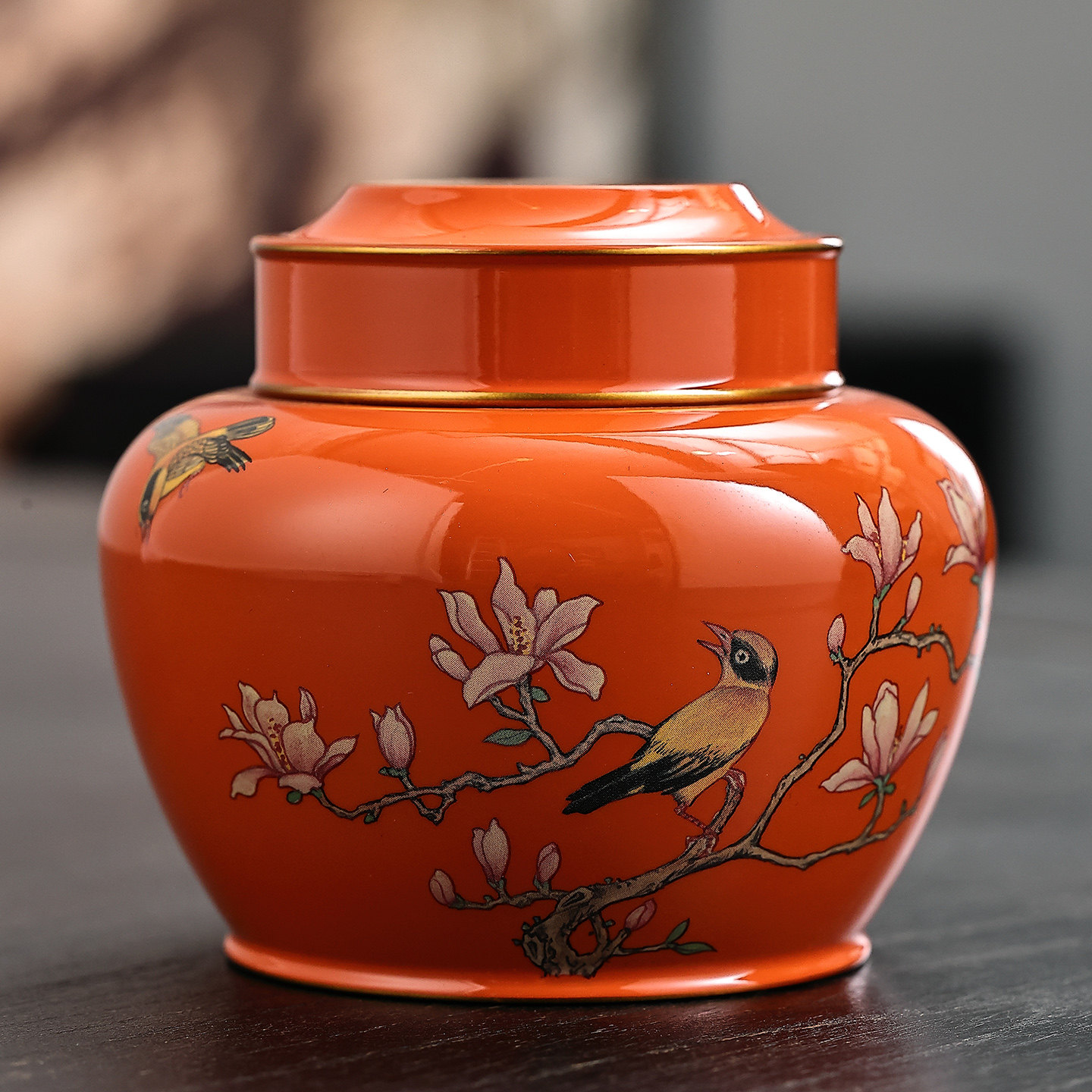 高纯度锡中式花鸟彩绘密封茶叶罐