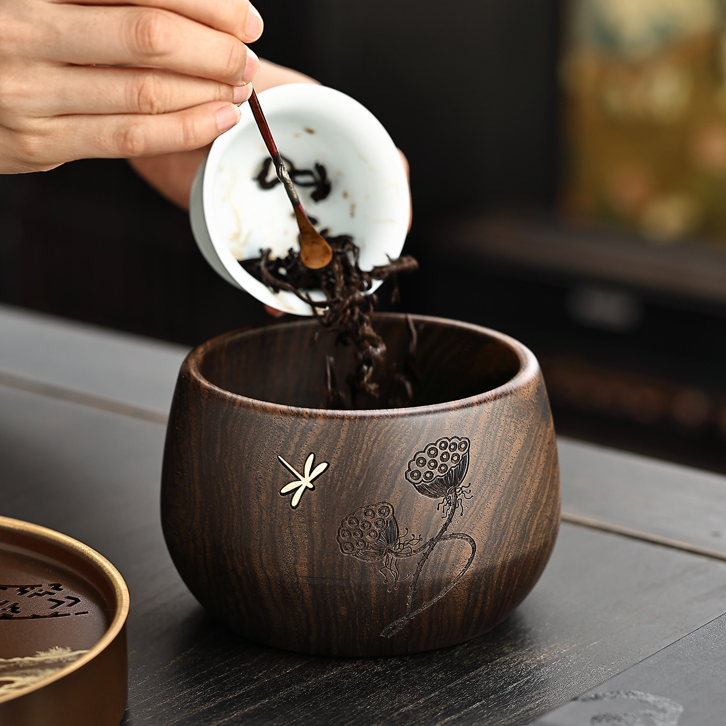 茶洗黑檀实木大容量茶渣废水桶