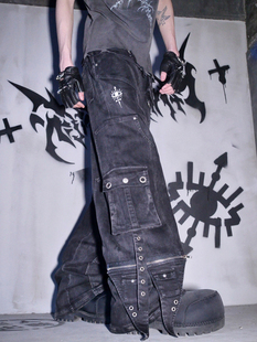 Phantomhunter芬特亨克 阔腿水洗做旧拼接五金拉链口袋黑色牛仔裤