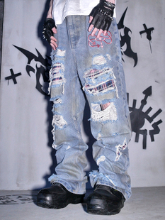 Phantomhunter芬特亨克 破洞格子喷马骝泥染水洗做旧蓝色牛仔裤