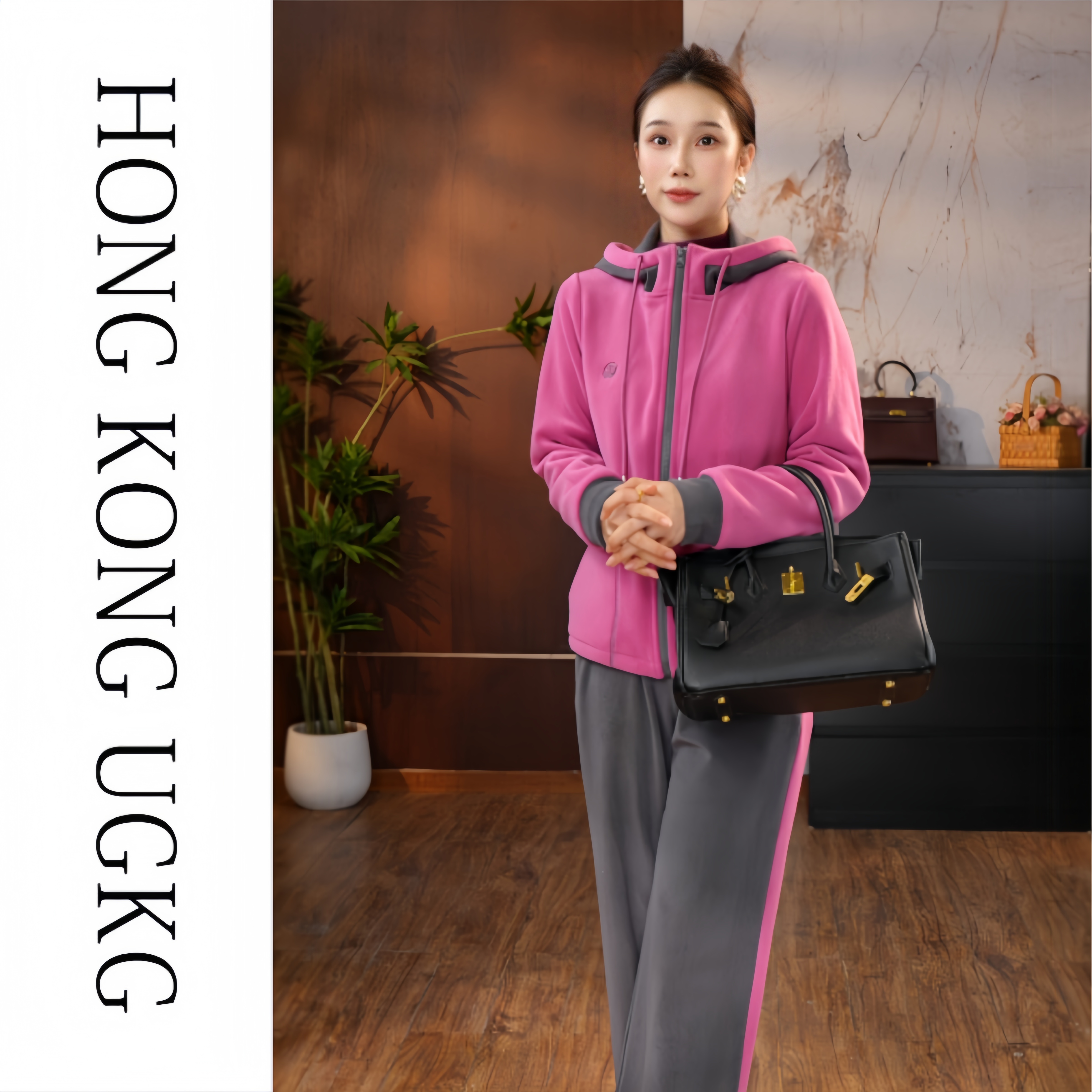 香港UGKG 高级感运动服套装女秋冬妈妈减龄连帽外套休闲裤两件套