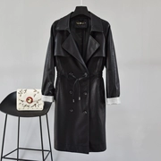 Mùa thu 2019 mới phù hợp với cổ áo đôi ngực khí chất thắt lưng da áo khoác da PU dài trench coat - Quần áo da