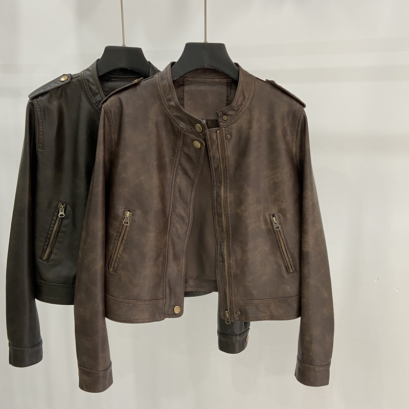 立领高级感复古扎染机车皮夹克