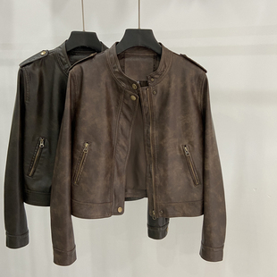 高级感复古扎染个性 立领短款 机车皮夹克外套潮 新款 皮衣女2025秋装