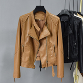 新款 立领收腰短款 修身 皮衣女2025秋装 小版 卡其色洋气皮夹克外套潮