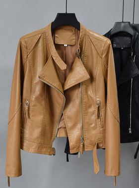 皮衣女2025秋装新款立领收腰短款修身小版卡其色洋气皮夹克外套潮