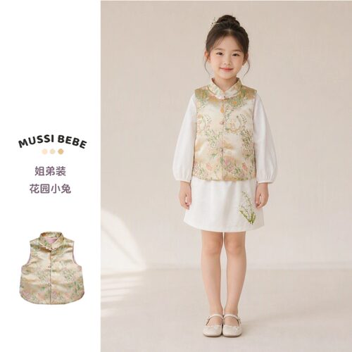 女童新中式织锦缎马甲背心2026秋装宝宝周岁礼服汉服唐装民族风