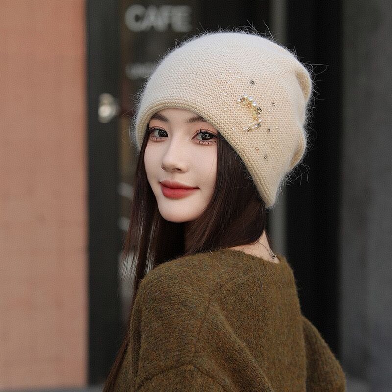 新款秋冬真兔毛针织帽女包头珍珠帽子