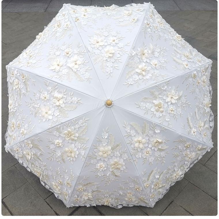 高端刺绣珍珠立体花遮阳伞二折黑胶防紫外线蕾丝太阳伞晴雨伞洋伞