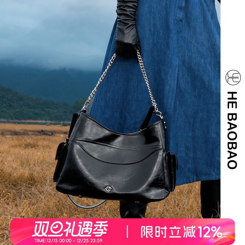 HEBAOBAO原创油蜡牛皮女包机车包大容量斜挎包链条单肩包两用