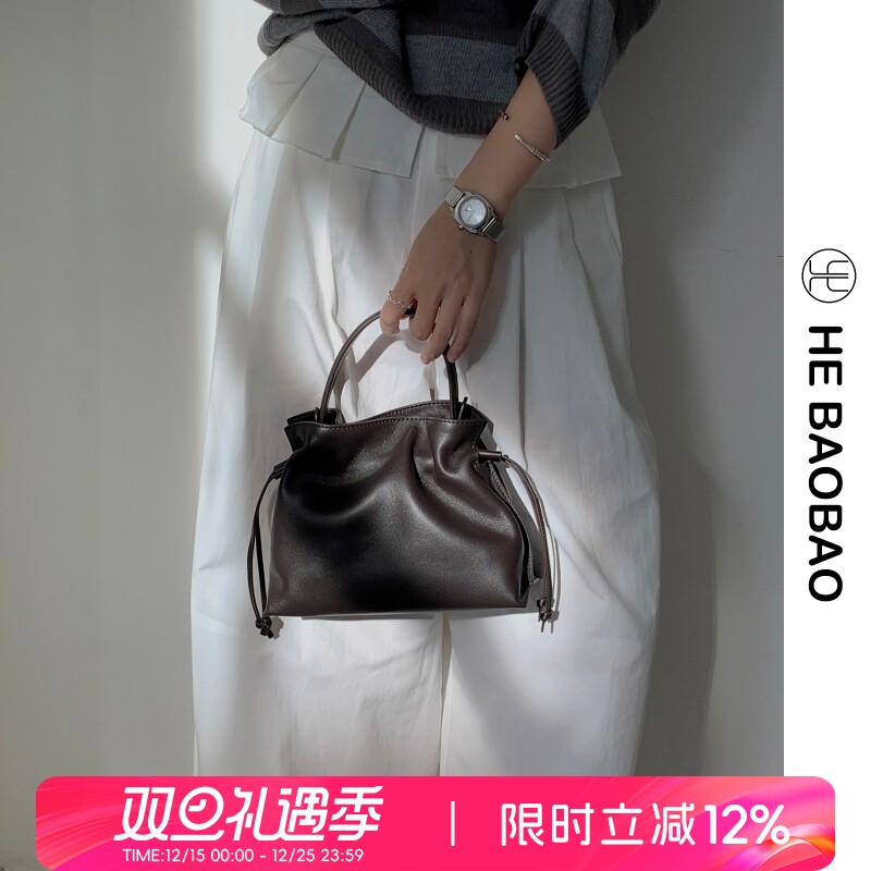 HEBAOBAO新品头层羊皮抽绳云朵包2025新款hobo单肩手提福袋女包