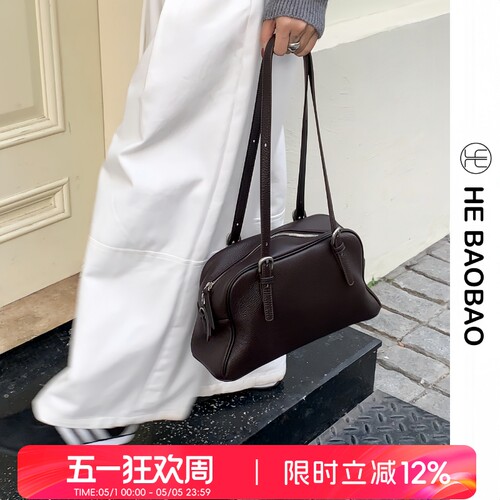 HEBAOBAO新品头层牛皮波士顿包2026新款女包百搭保龄球手提斜挎包