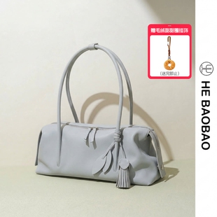 HEBAOBAO新品 反绒磨砂牛皮肩腋下法棍包 长柄波士顿女包2026新款
