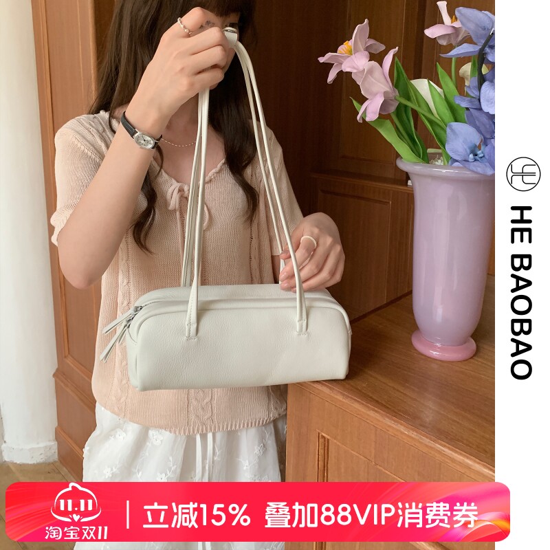 HEBAOBAO×HEJMASI新品牛皮hobo腋下长条小包2026秋冬法棍女包