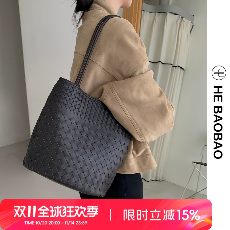 HEBAOBAO新品编织羊皮手提水桶女包2025年新款大容量托特单肩包