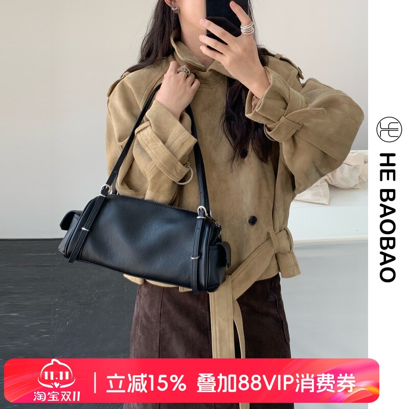 HE BAOBAO×HEJMASI 秋冬头层牛皮机车包女2026新品hobo单肩斜挎