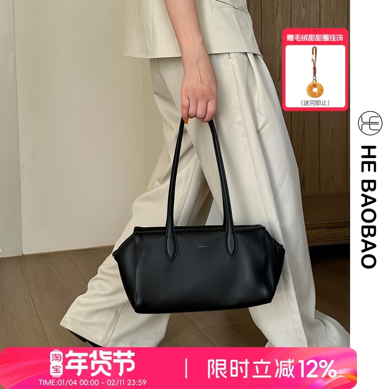 HEBAOBAO新款2025头层牛皮大容量枕头包小众设计单肩包女手提包