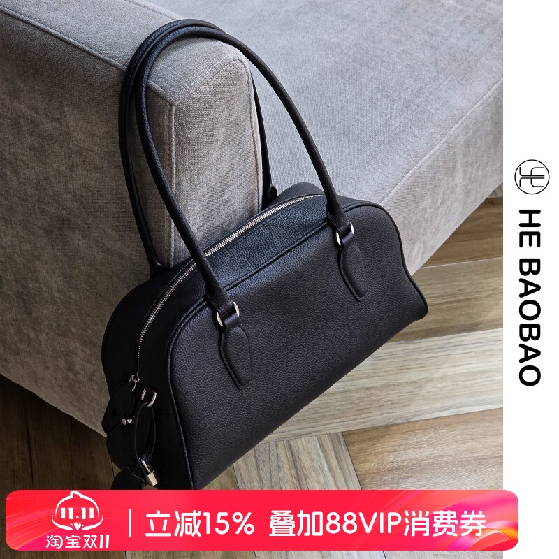 HE BAOBAO×HEJMASI头层牛皮波士顿包女2026新款保龄球手提斜挎包