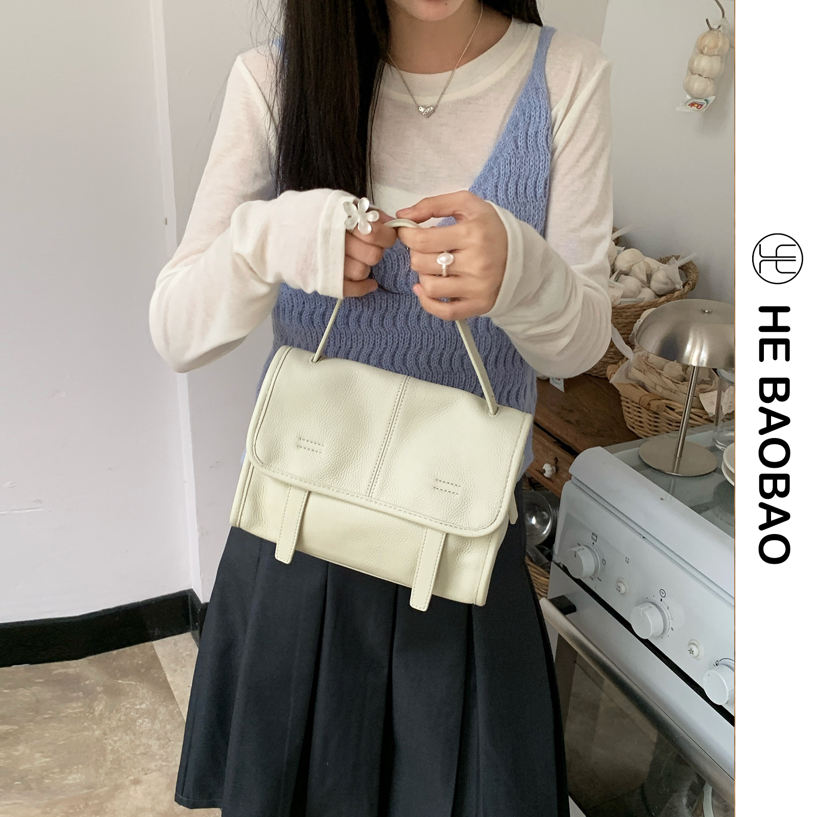 HEBAOBAO新款2026春夏上新手提包新品邮差包头层牛皮单肩斜挎女包