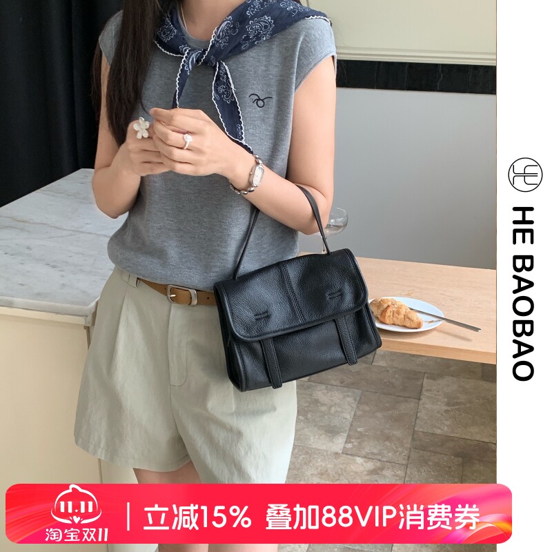 HEBAOBAO新款2026春夏上新手提包新品邮差包头层牛皮单肩斜挎女包