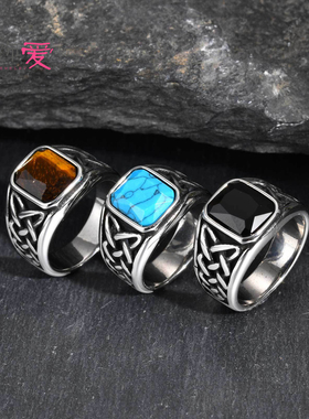 时尚复古虎眼石绿松石戒指